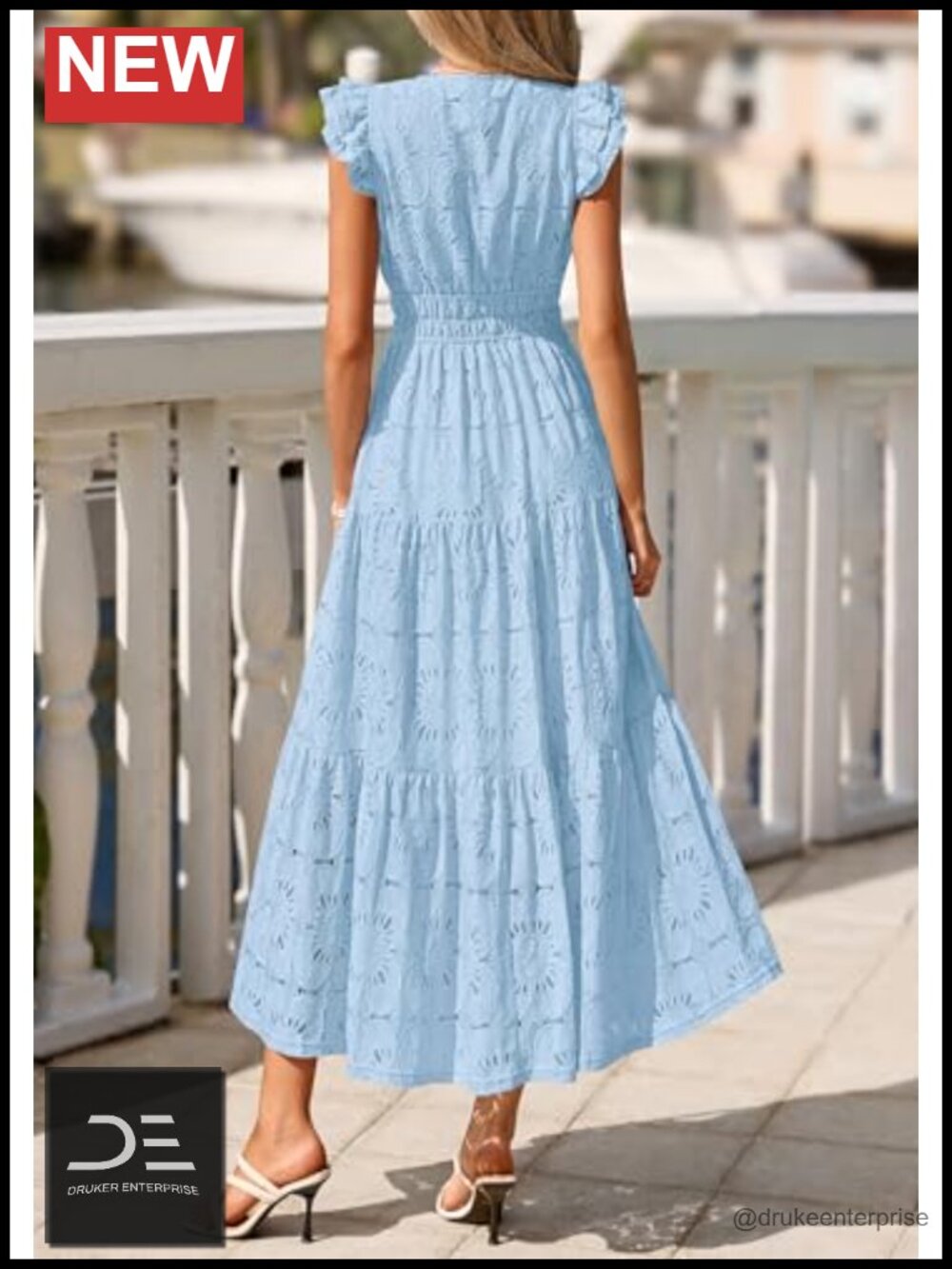 Boho Maxi Dress with Floral Lace Eyelet V Neck Wedding Guest Beach Vacation - Picture 3 of 6